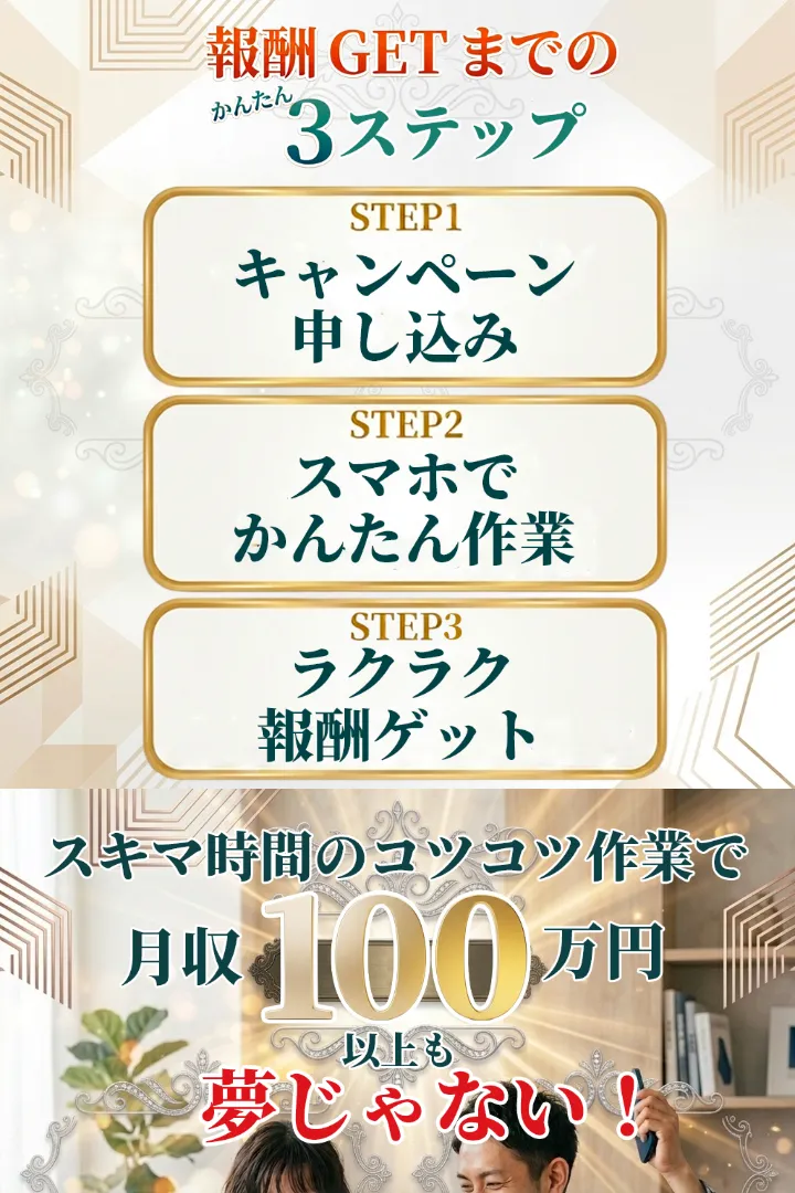 株式会社マスタリティの広告。報酬GETまでの3ステップとして、キャンペーン申し込み、スマホでかんたん作業、ラクラク報酬ゲットと書かれ、その下に月収100万円以上も夢じゃないとある
