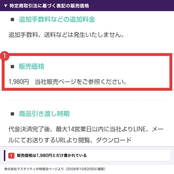 株式会社マスタリティの特定商取引法の表記。販売価格は1,980円で、代金決済完了後、最大14営業日以内にLINEとメールでURLが送られると書かれている